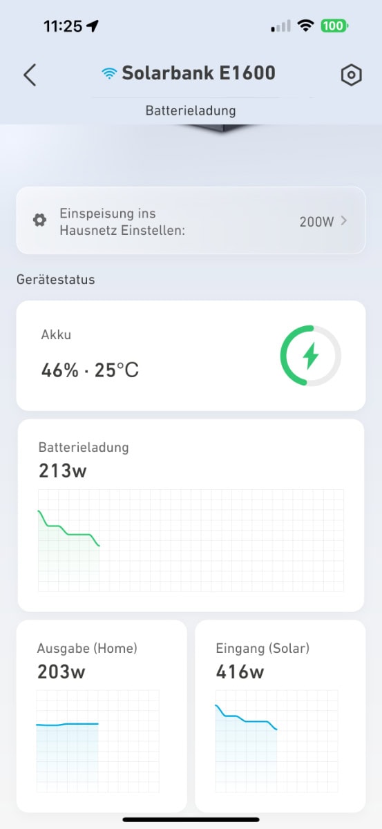 Anker Solix Solarbank E1600 Screenshot der App bei der Überwachung der Batterieladung