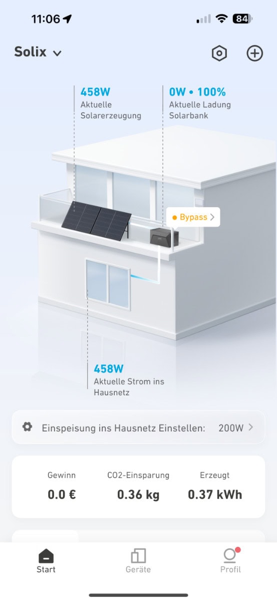 Screenshot der Anker App mit der Solix Solarbank und dem Bypass-Modus aktiviert.