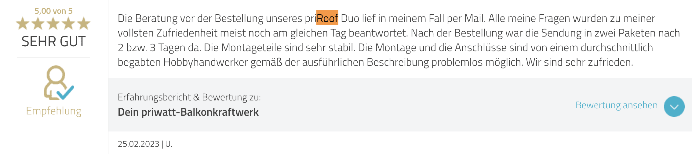 Kundenbewertung auf ProvenExpert für das priRoof Duo Balkonkraftwerk Set