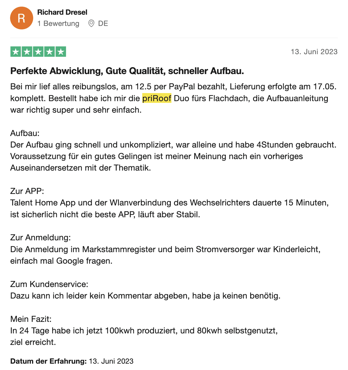 Kundenbewertung eines Käufers des priRoof Duo auf Trustpilot
