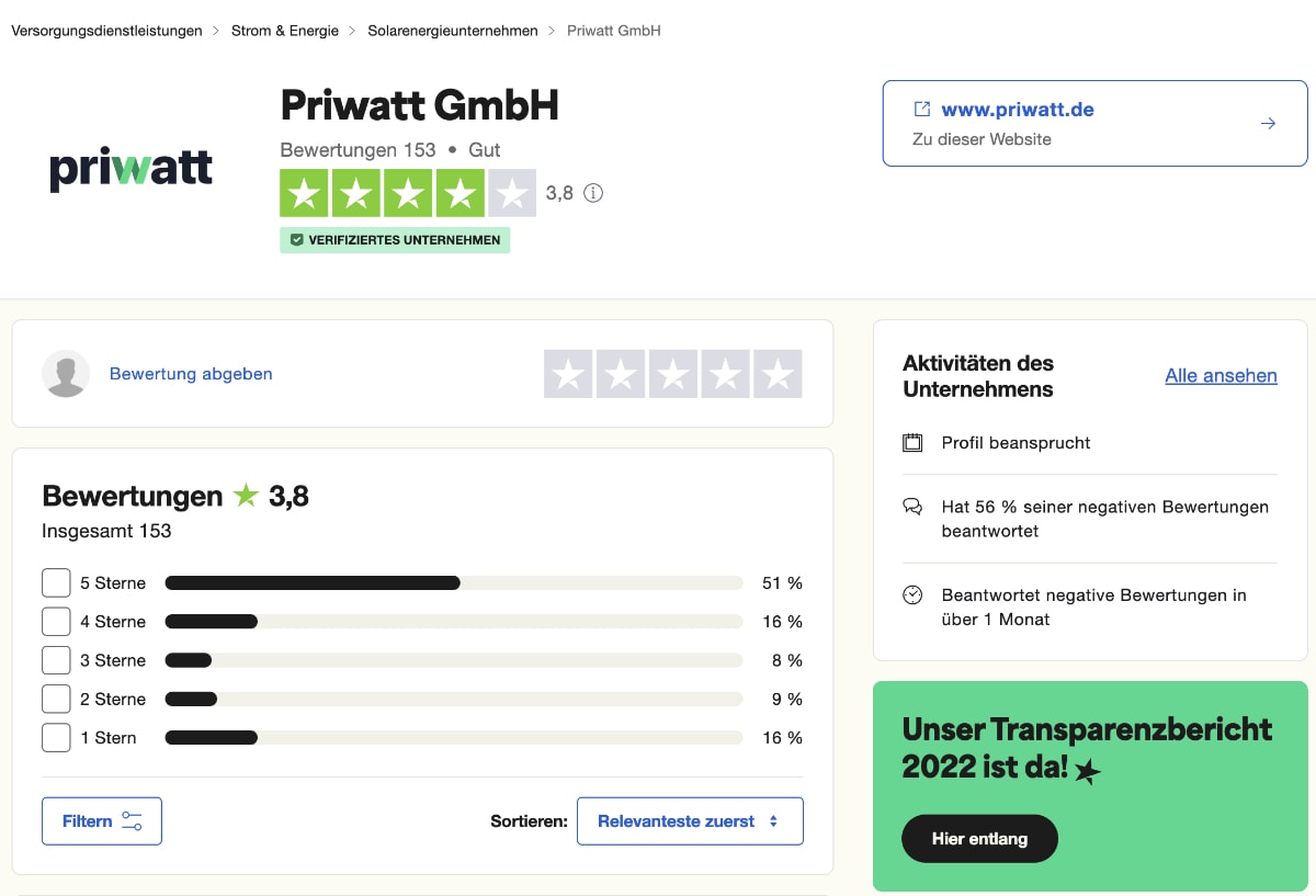 Priwatt Kundenerfahrungen bei Trustpilot