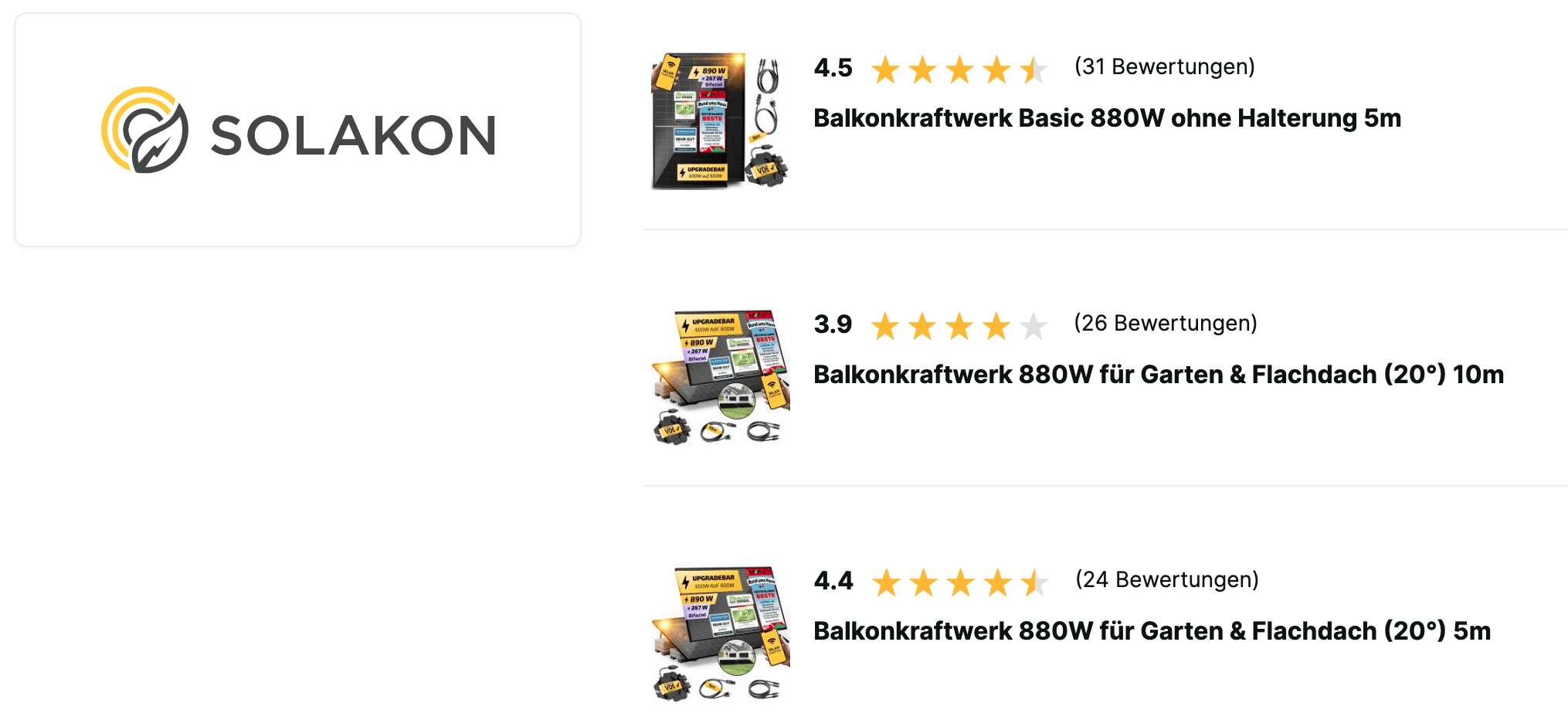 Screenshot reviews.io mit Kundenbewertungen verschiedener Balkonkraftwerke von Solakon