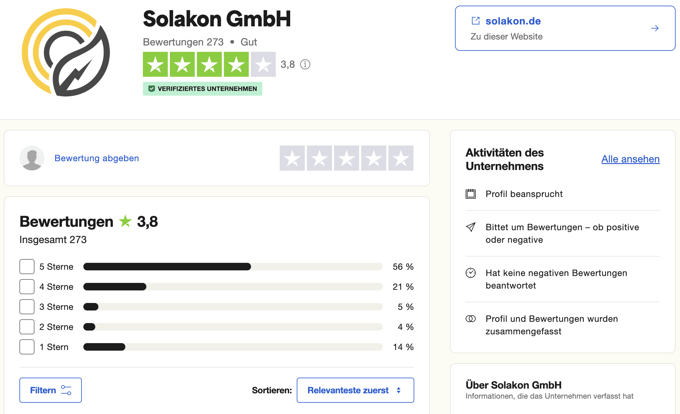 Screenshot von den Bewertungen der Solakon GmbH auf Trustpilot.com