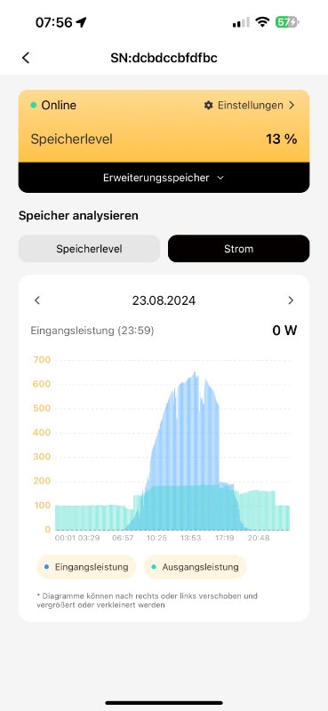 Screenshot der Sunlit Solar App mit Ein- und Ausgangsleistung des BK215 Speichers