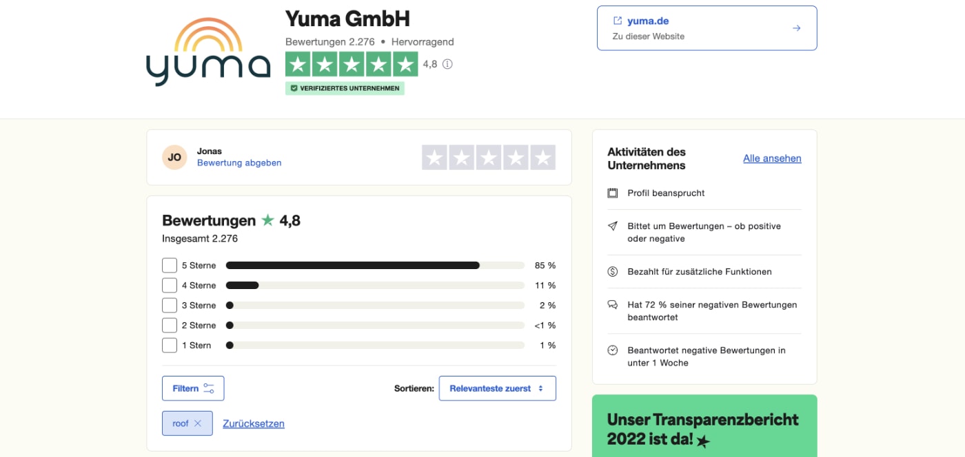 Kundenbewertungen der Yuma GmbH bei Trustpilot