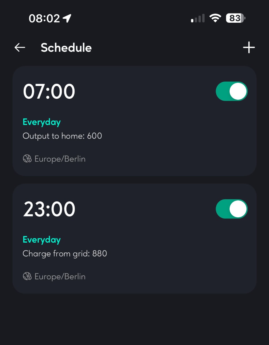 Screenshot der Zendure App mit dem Zeitplan für den Solarflow Hyper.